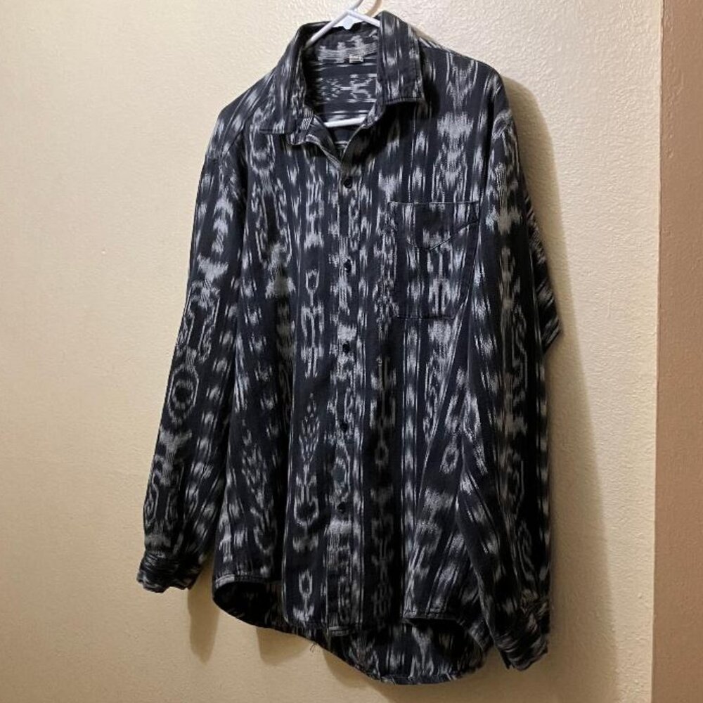 Los 3 Reyes Mens Grey Abstract Aztec Pattern Long Sleeve Button Up Shirt Size XL